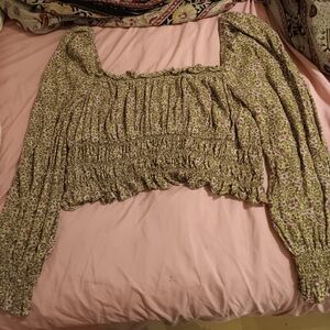 H&M Green Floral Smocked Blouse